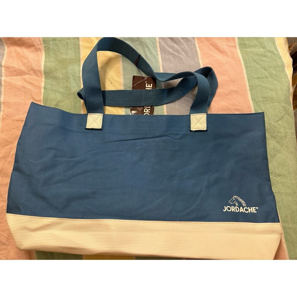 Jordache Nylon Tote Bag Canvas Blue Large 24x16 Double Handles Vintage Tags Gym